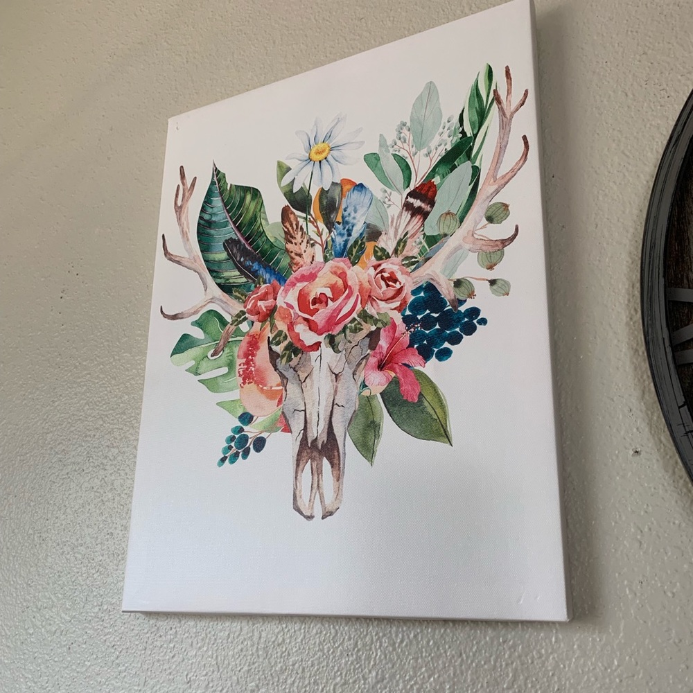Steer skull W flowers canvas